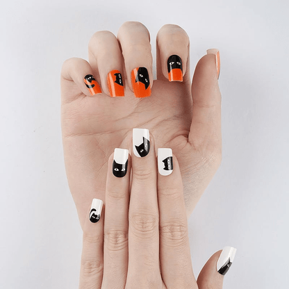 Halloween cat nail art wraps orange black white design on both hands