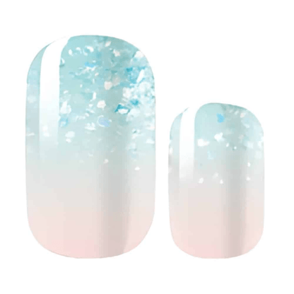Pastel blue to pink ombré non-UV nail wraps with white glitter sparkles