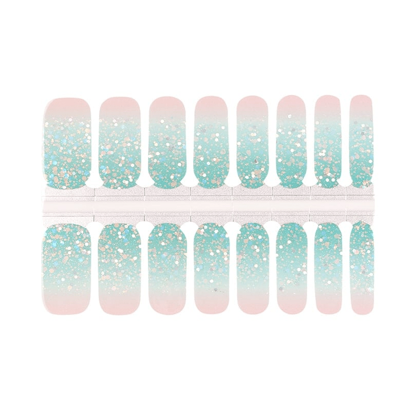 Blue to pink gradient nail wraps with white glitter in various sizes
