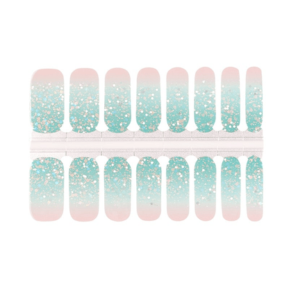 Blue to pink gradient nail wraps with white glitter in various sizes