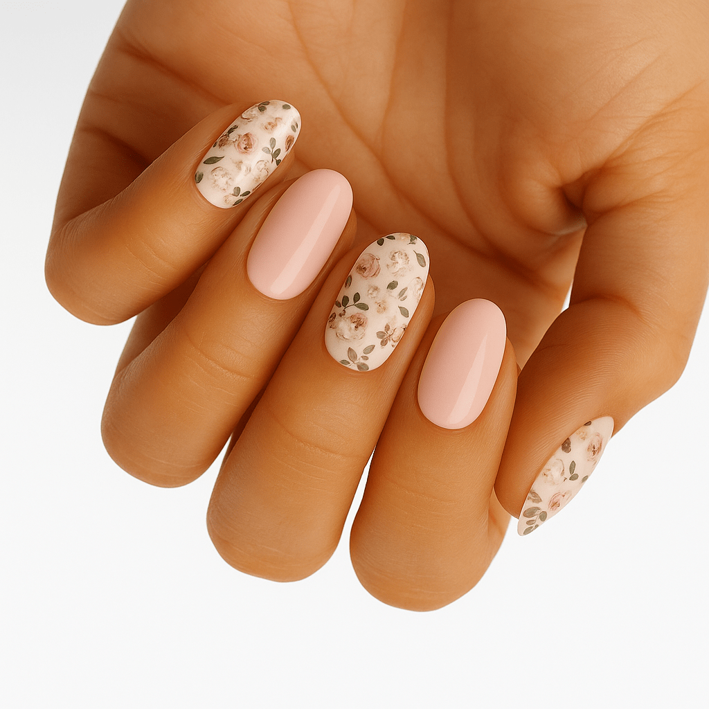 Hand displaying nude pink gel nail wraps with delicate floral pattern at-home manicure