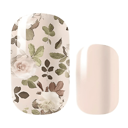 Floral nail wraps with nude base featuring green leaves and pink roses botanical pattern