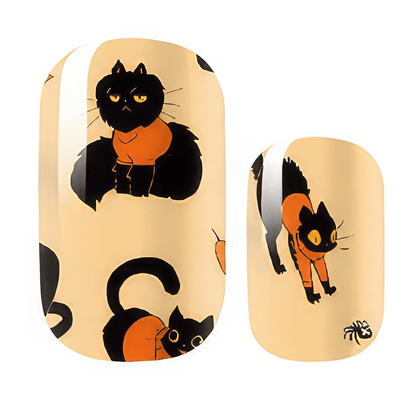 Orange Halloween cat nail wraps with black feline characters for festive nail art