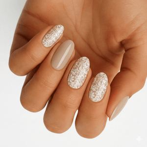 Nude gel nail wraps with white lace pattern on hand manicure