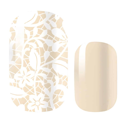 Cream nude nail wraps with white lace floral pattern for at-home manicure