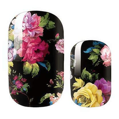 Black gel nail wraps with vibrant pink roses and colourful floral pattern