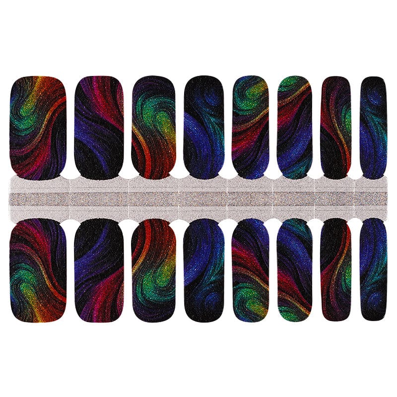 Colourful swirl pattern gel nail wraps in rainbow blues purples greens reds