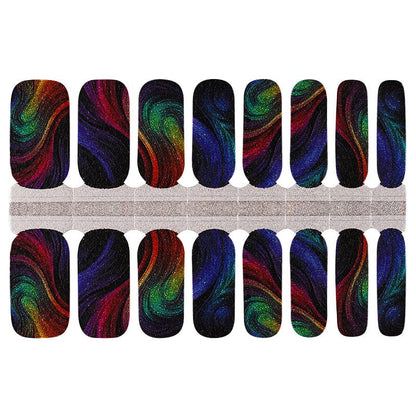 Colourful swirl pattern gel nail wraps in rainbow blues purples greens reds