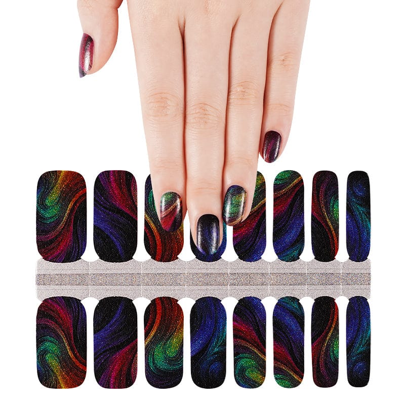 Non-UV nail wraps sheet showing dark rainbow chrome swirl patterns