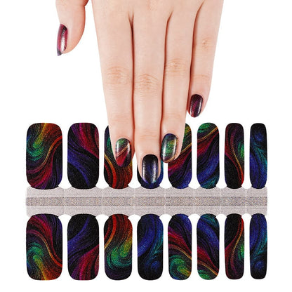 Non-UV nail wraps sheet showing dark rainbow chrome swirl patterns