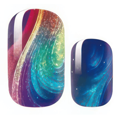 Holographic rainbow gel nail wraps with swirl pattern in blue and multicoloured finish