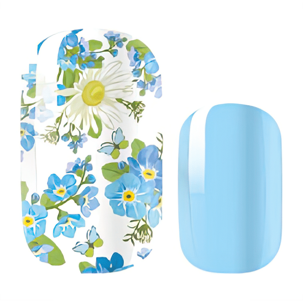 Blue floral nail wraps with white daisies and forget-me-nots for spring manicure
