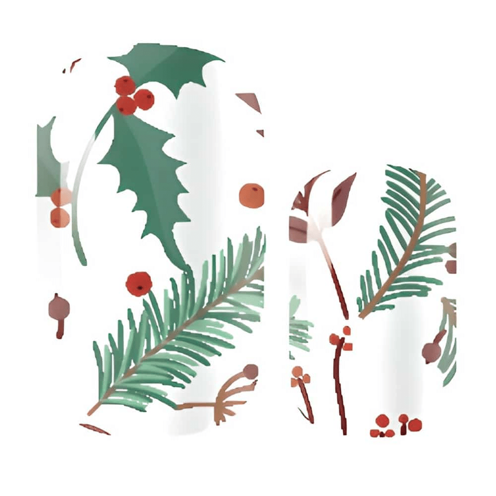 Christmas nail wraps featuring holly leaves pine branches and red berries design
