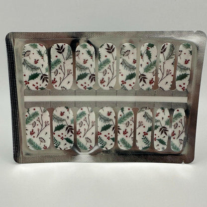 Nail wraps, white with holly, pine sprigs and red berry festive print
