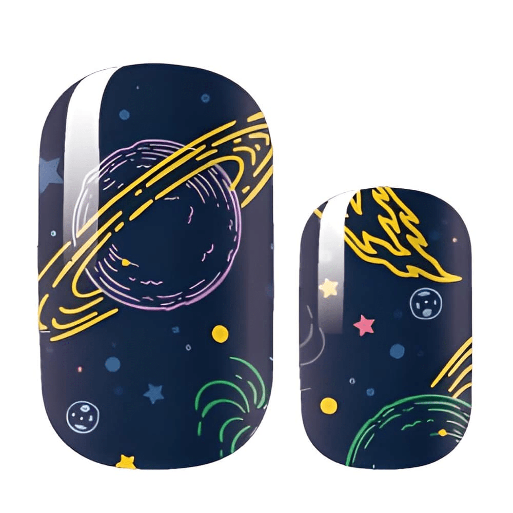 Galaxy themed gel nail wraps showing dark blue space design with colourful planets