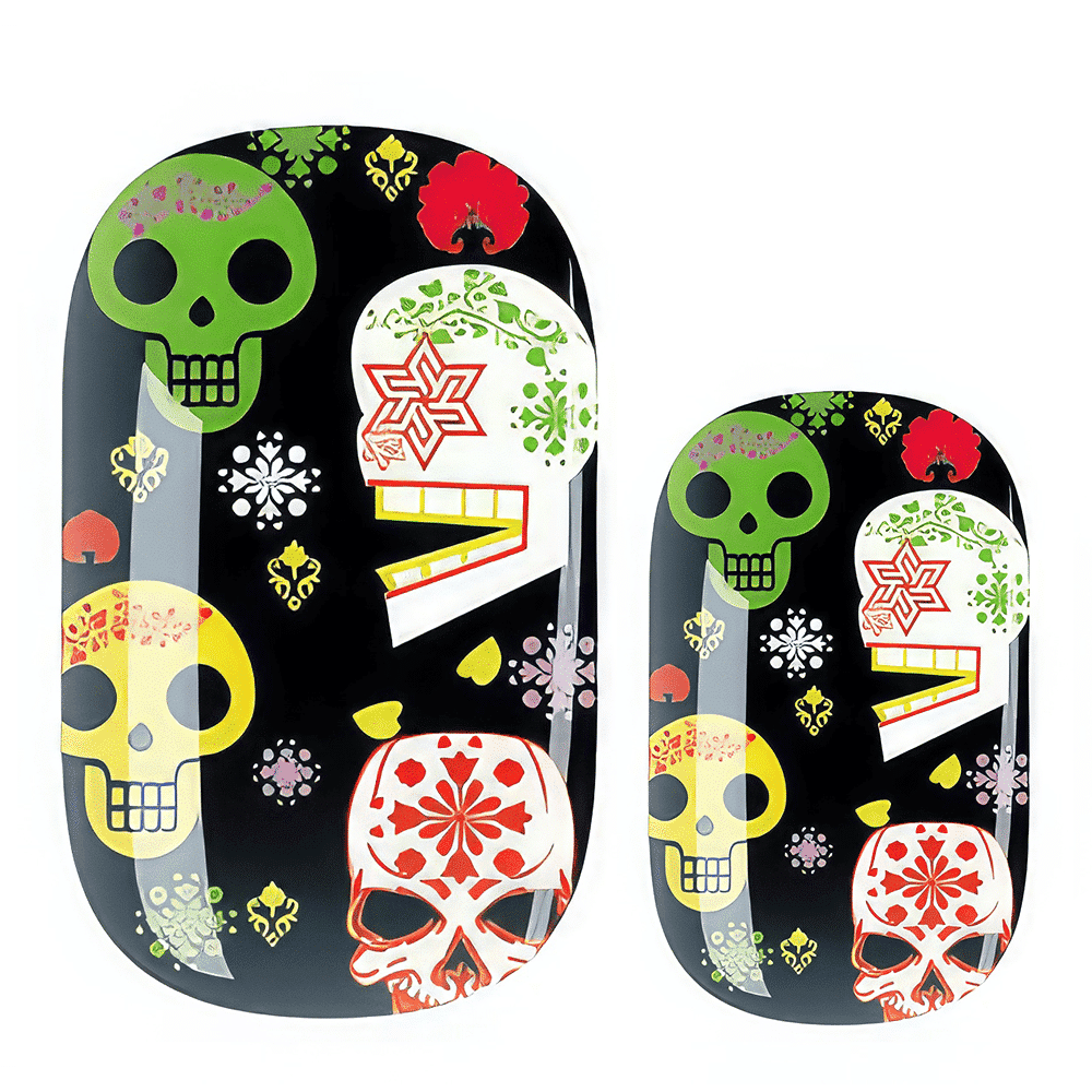 Green and multicoloured sugar skull non-UV nail wraps with festive Halloween patterns