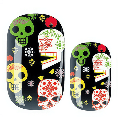 Green and multicoloured sugar skull non-UV nail wraps with festive Halloween patterns