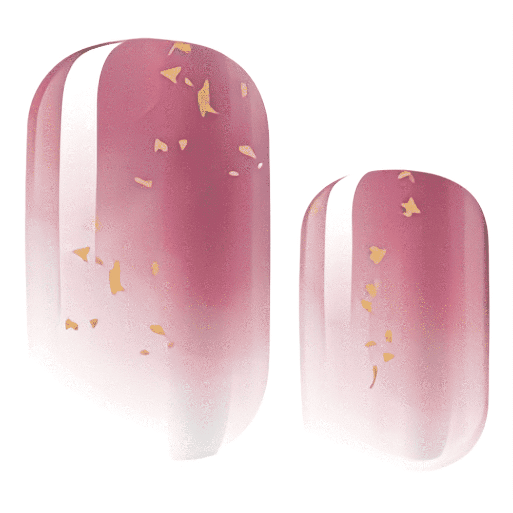 Pink gradient nail wraps with gold foil flakes gel manicure design
