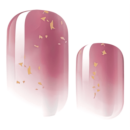Pink gradient nail wraps with gold foil flakes gel manicure design