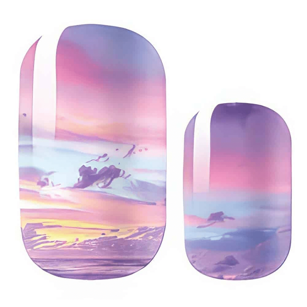 Purple pink gradient sunset cloud nail wraps with dreamy sky watercolour design