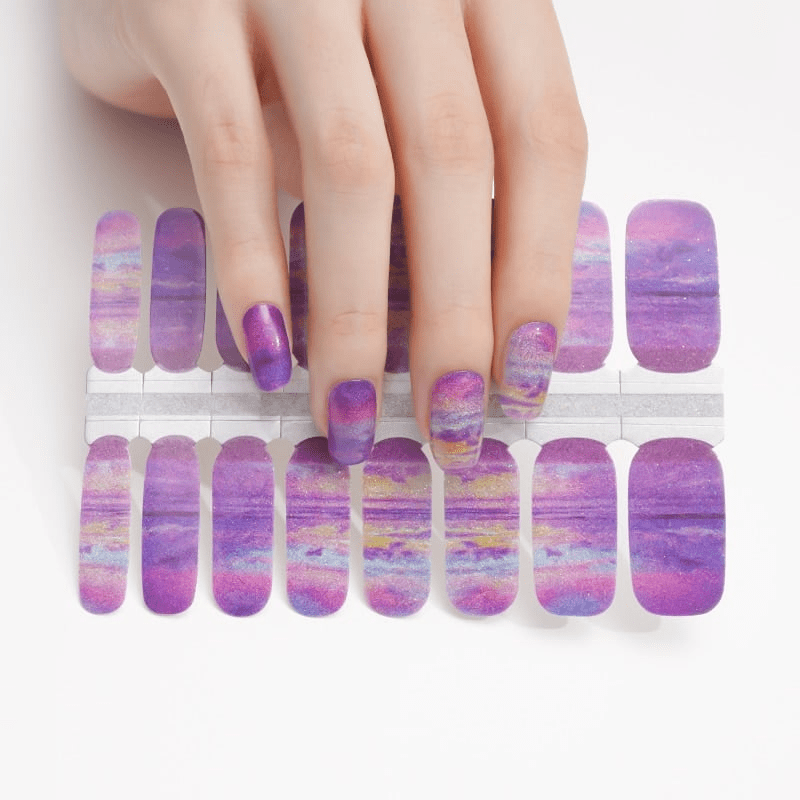 Non-UV nail wraps sheet showing purple ombre watercolour marble design patterns