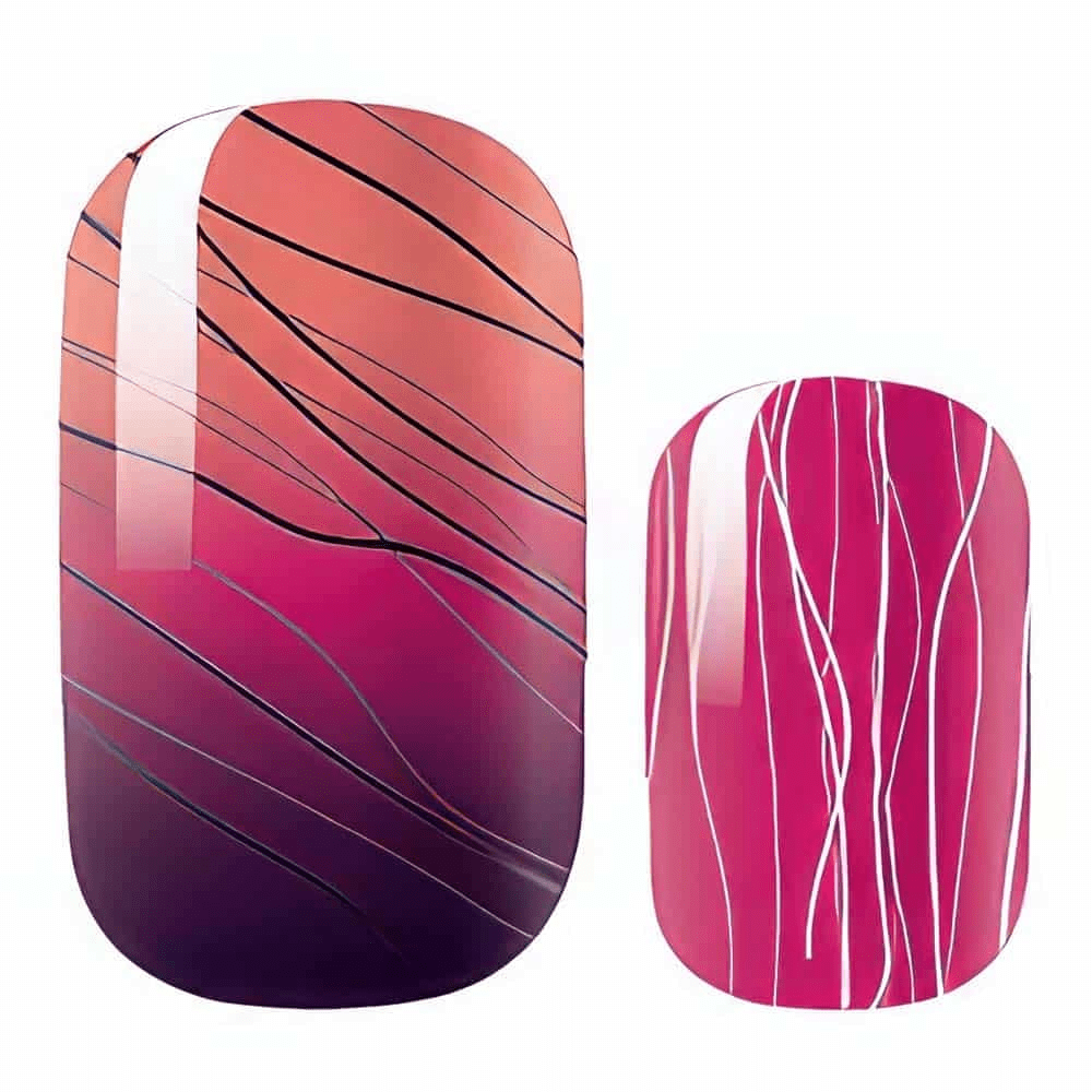 Pink to purple ombre nail wraps with diagonal black stripes geometric design