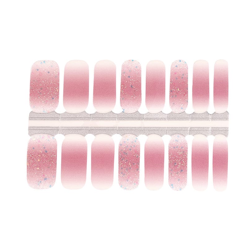 Pink gradient nail wraps with shimmer finish for at-home manicure application