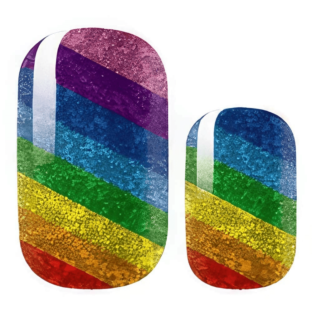Rainbow pride glitter nail wraps displaying diagonal stripes in multiple vibrant colours