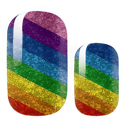 Rainbow pride glitter nail wraps displaying diagonal stripes in multiple vibrant colours