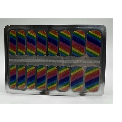 Rainbow glitter diagonal stripe nail wraps sheet showing pride colours for at-home manicure