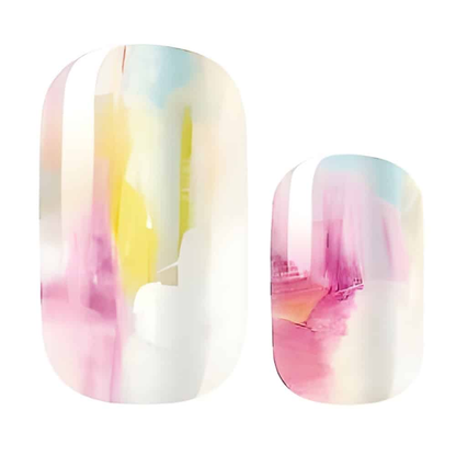 Watercolour ombre nail wraps in soft pink yellow and blue abstract painterly design