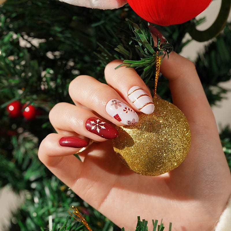 Holy Classics nail wraps in red and white with snowflake, gingerbread and candy cane motifs