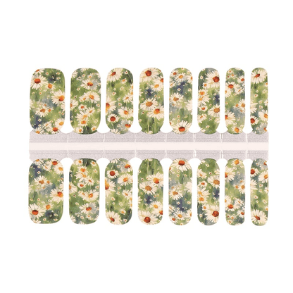 Sage green floral nail wrap sheet with white daisy pattern for DIY manicure