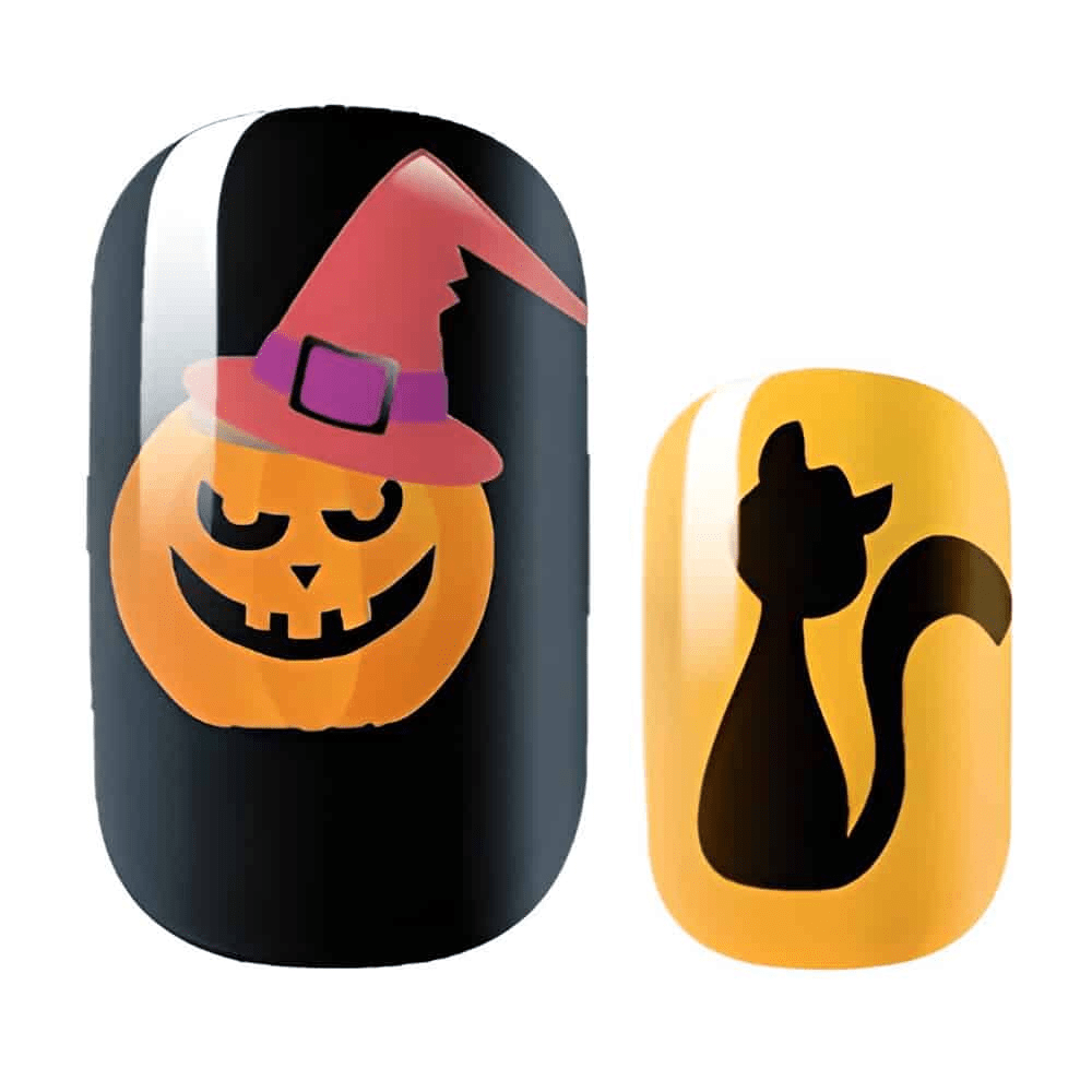 Spooky nail art wraps with orange pumpkin witch hat and black cat silhouette designs