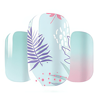 Four individual nail wraps featuring turquoise and pink gradient with tropical palm leaf patterns