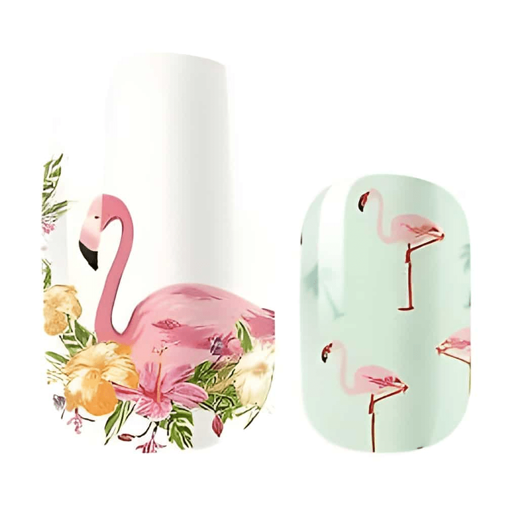 Non-UV nail wraps with tropical flamingo and palm tree designs in pink and mint green
