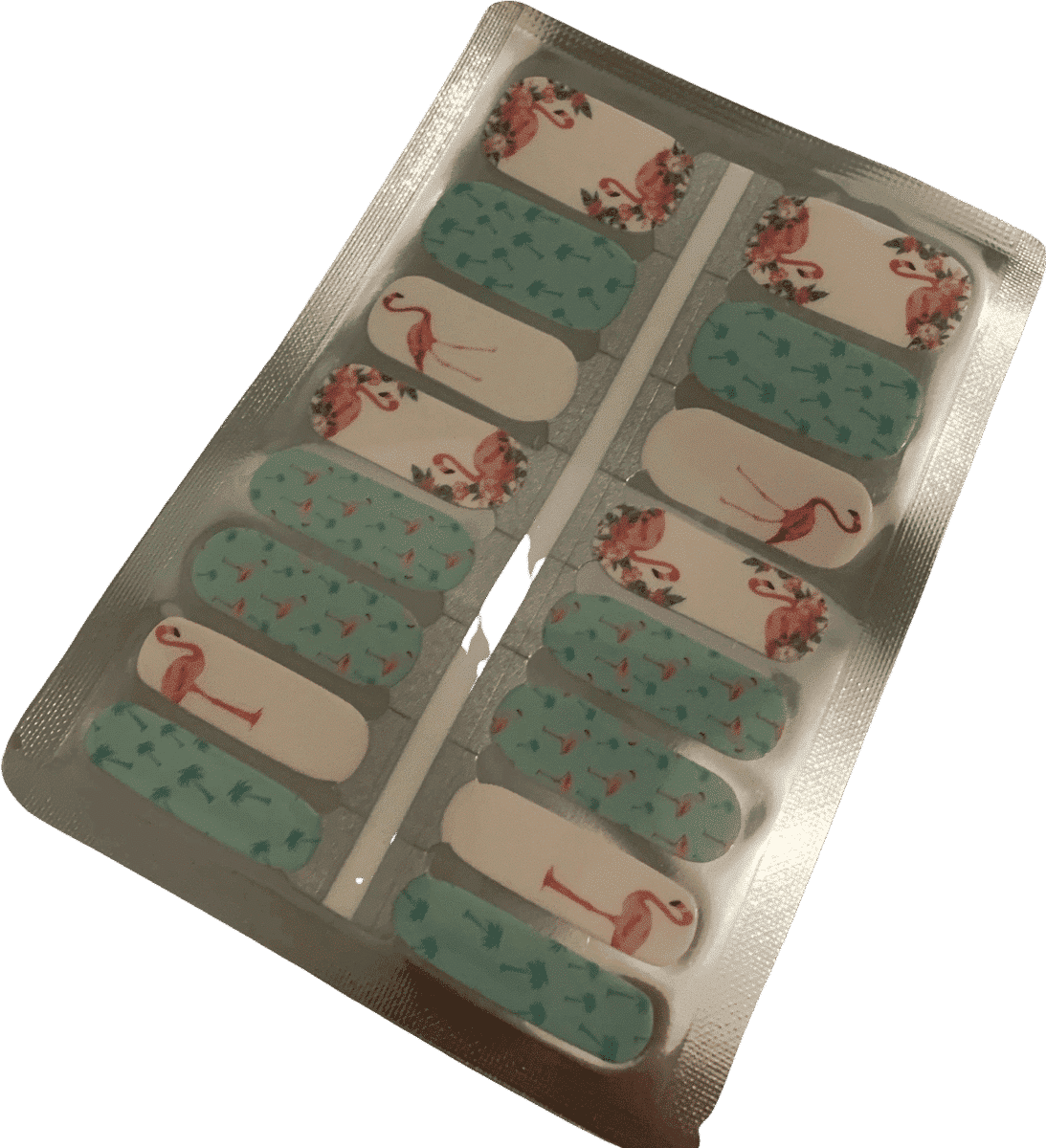 Flamingo nail wraps sheet showing tropical patterns in pink coral and sage green colours