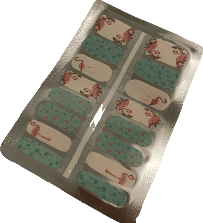 Flamingo nail wraps sheet showing tropical patterns in pink coral and sage green colours
