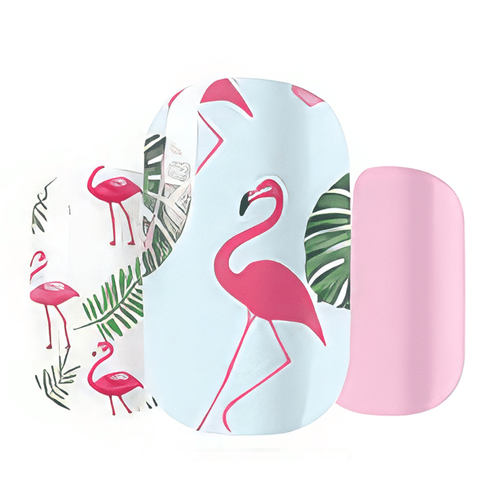 Tropical flamingo nail wraps with pink birds and palm leaves design