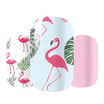 Tropical flamingo nail wraps with pink birds and palm leaves design