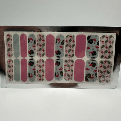 Pink flamingo and floral nail wraps sheet showing tropical pattern design