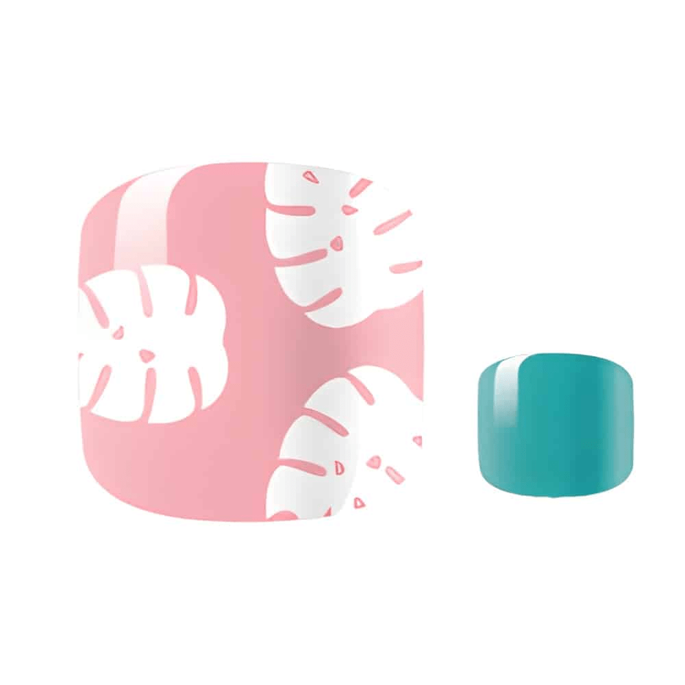 Pink flamingo and monstera leaf pedicure nail wraps with teal accent