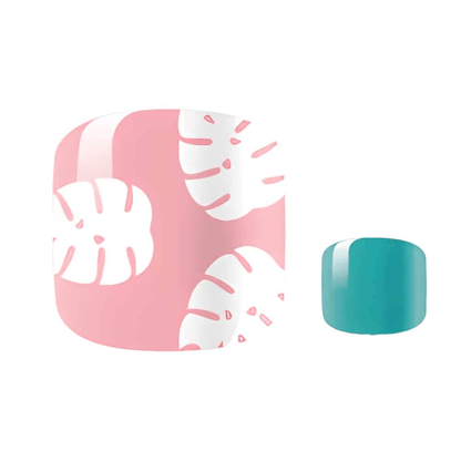 Pink flamingo and monstera leaf pedicure nail wraps with teal accent