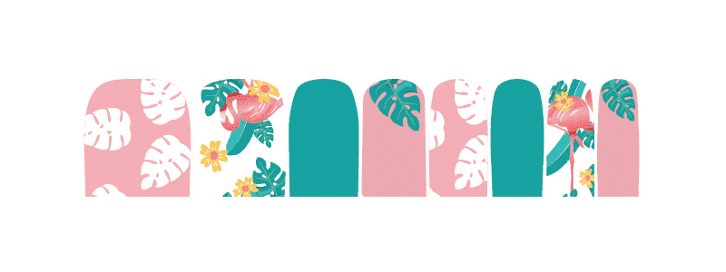 Tropical flamingo nail wraps sheet showing pink coral and teal designs with monstera leaves