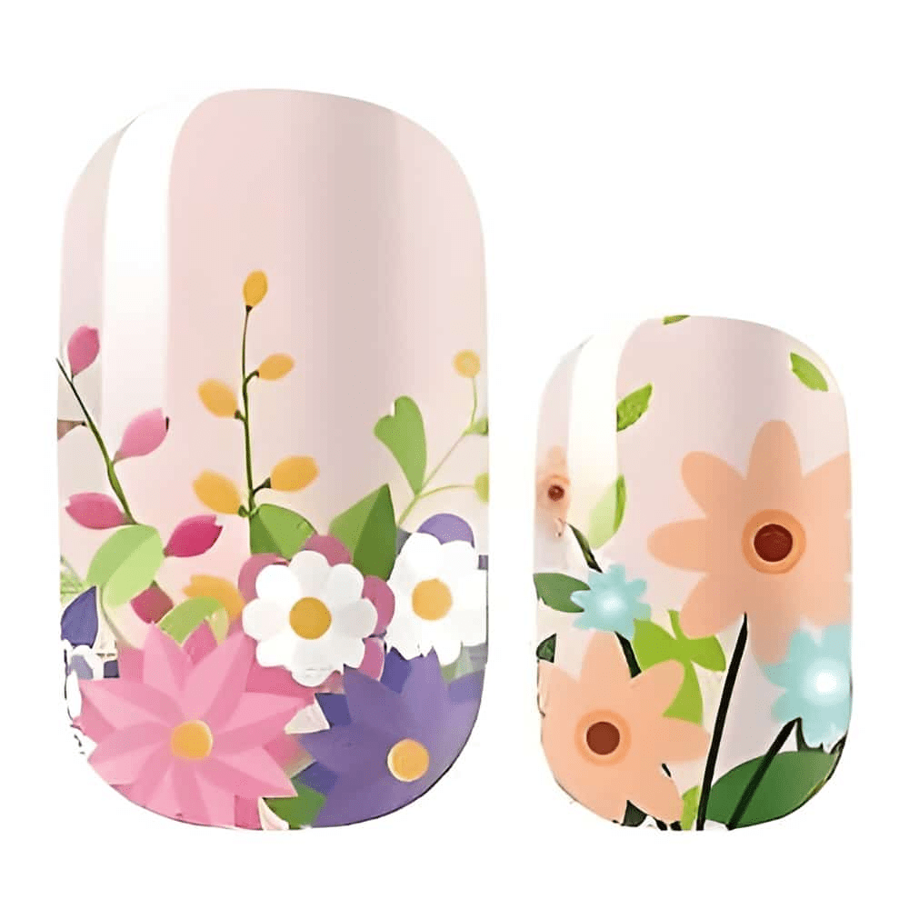 Colourful floral nail wraps featuring pink purple white flowers with green leaves