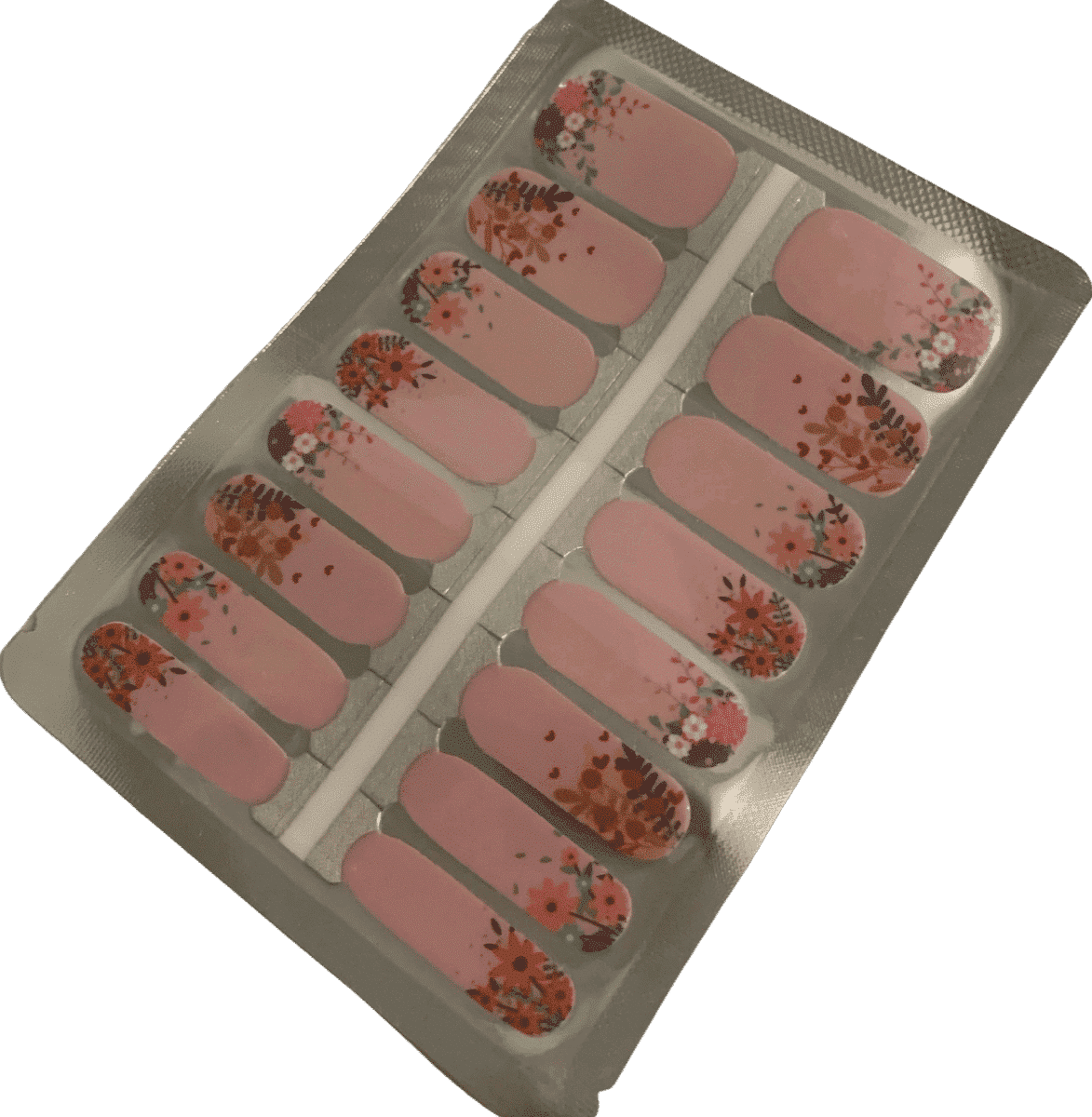 Pink floral nail wrap sheet showing complete set of watercolour flower designs
