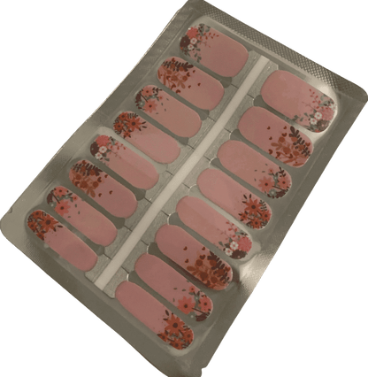 Pink floral nail wrap sheet showing complete set of watercolour flower designs