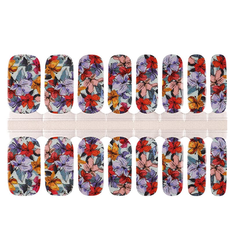 Colourful autumn leaf pattern nail wraps with orange red purple botanical design