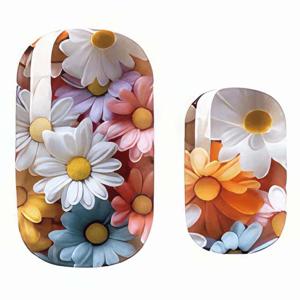 Vibrant daisy nail wraps with multicoloured flowers in orange pink and white tones