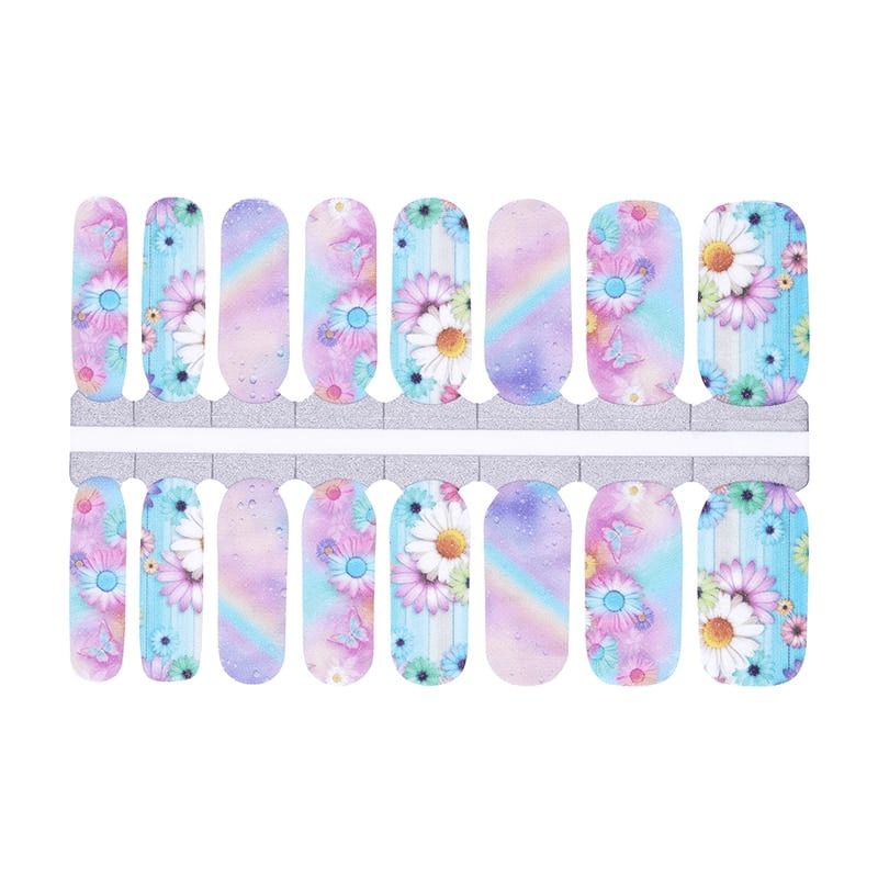 Pastel floral nail wraps with watercolour flowers and rainbow gradient non-UV manicure strips